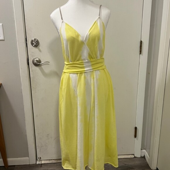 Anthropologie Moth Yellow White Sundress Spaghetti Strapped Midi Dress Sz L - Picture 6 of 12